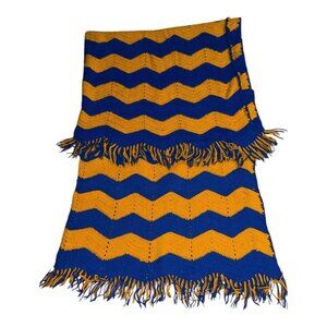 Vintage Handmade Crochet Chevron Afghan Blue Gold Throw Blanket Fringe 70s